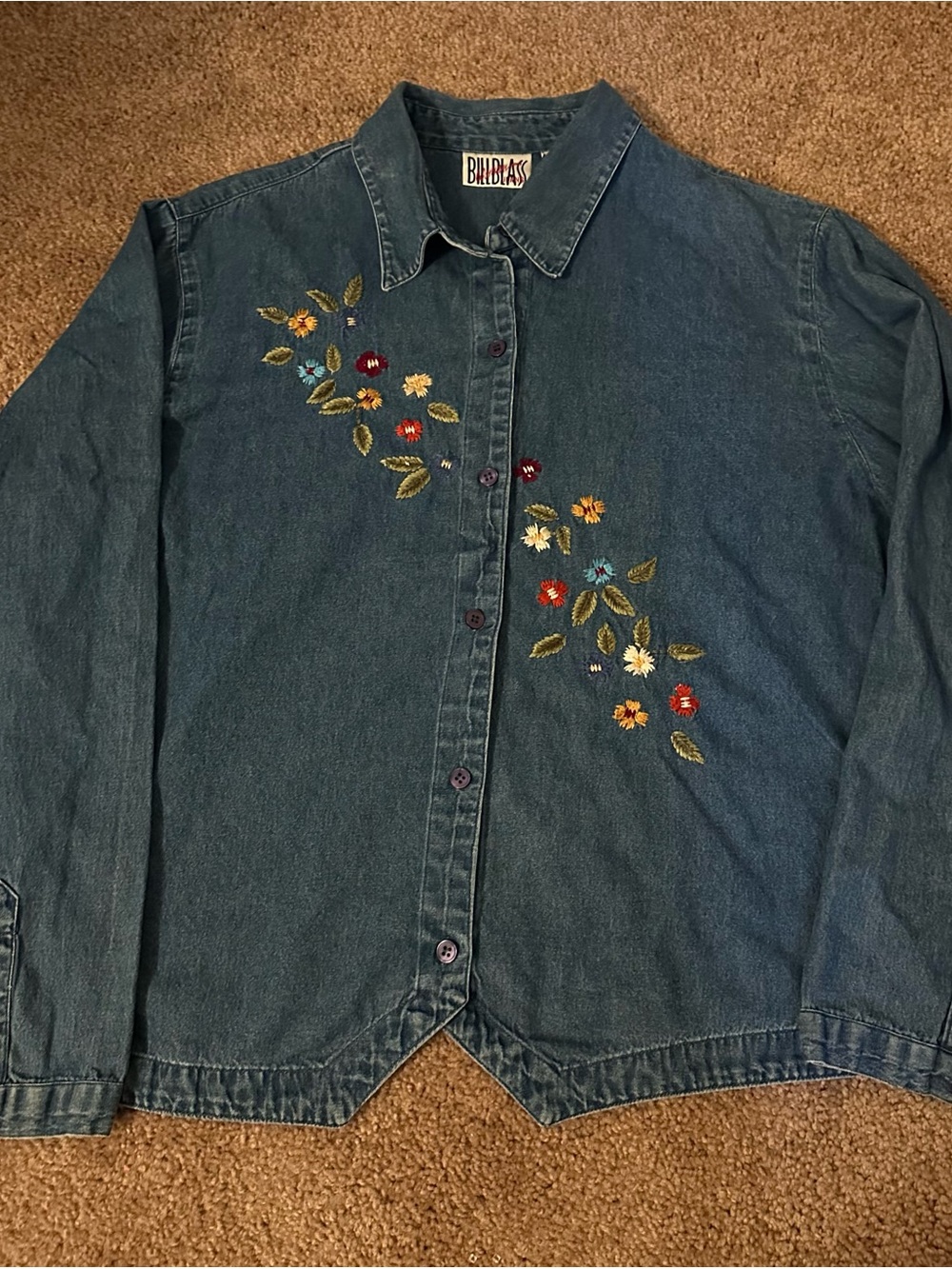 bill blass Dark Blue Denim Button-Up Jacket with Floral Embroidery
